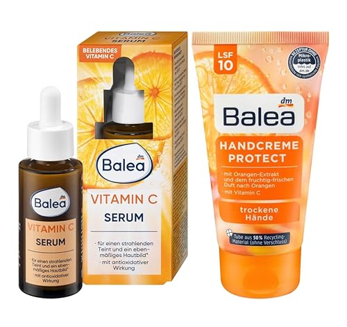 Balea 2er-Set Hautpflege: Serum VITAMIN C antioxidativ für strahlenden Teint & ebenmäßiges Hautbild (30 ml) + Handcreme PROTECT für trockene Hände mit Lichtschutzfaktor LSF 10 (75 ml), 105 ml von Balea