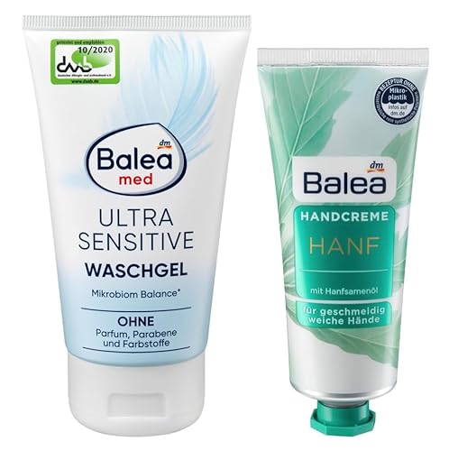 Balea 2er-Set Hautpflege: Waschgel MED ULTRA SENSITIVE reinigt schonend ohne Parfum, Parabene, Farbstoffe & unterstützt Gleichgewicht der Haut (150 ml) + Handcreme HANF mit Hanfsamenöl (75 ml), 225 ml von Balea