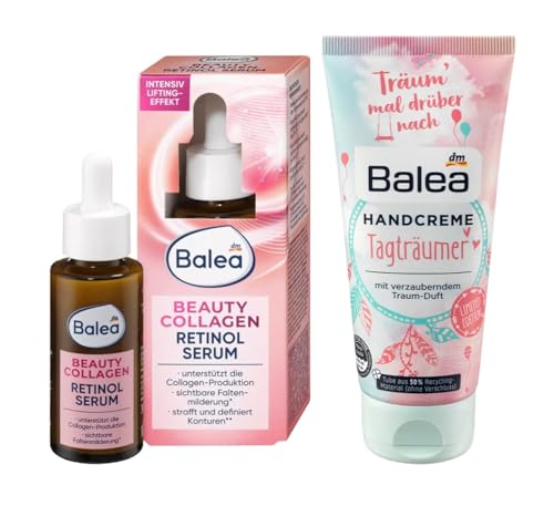 Balea 2er-Set: Serum BEAUTY COLLAGEN RETINOL Feuchtkeitspflege verbessert die Hautfestigkeit & Hautelastizität (30 ml) + Handcreme TAGTRÄUMER mit verzauberndem Traum-Duft (100 ml), 130 ml von Balea