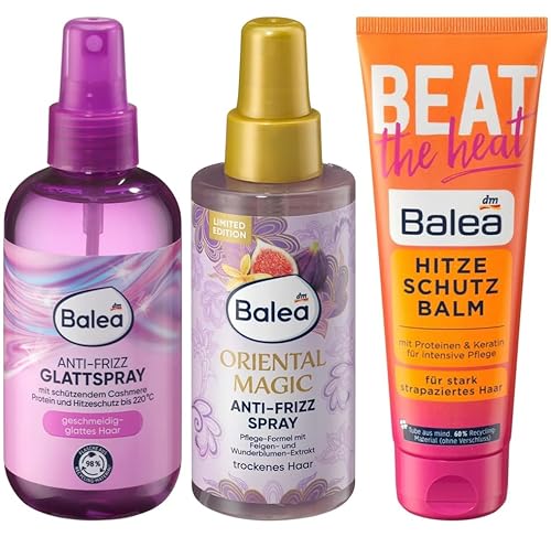 Balea 3er-Set Haarpflege: Anti-Frizz GLATT SPRAY für geschmeidig-glattes Haar mit Cashmere-Protein (200 ml) + Anti-Frizz-Spray ORIENTAL MAGIC (150 ml) + Hitzeschutzbalm BEAT THE HEAT (125 ml), 475 ml von Balea