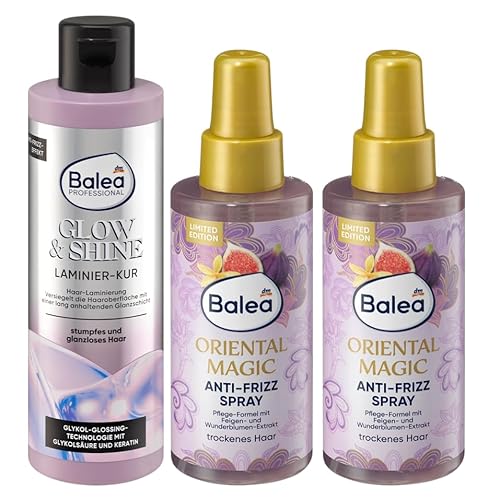 Balea 3er-Set- Haarpflege: PROFESSIONAL Haarkur GLOW & SHINE glättet, pflegt & versiegelt das Haar mit einer langanhaltenden Glanzschicht, 200 ml + Anti-Frizz-Spray ORIENTAL MAGIC, 2 x 150 ml (500 ml) von Balea