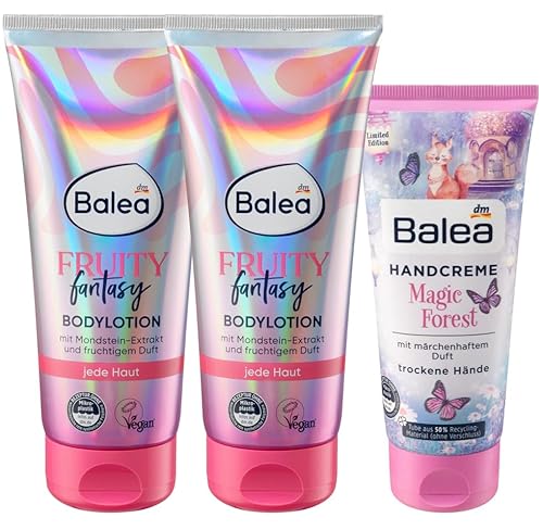 Balea 3er-Set Hautpflege: Bodylotion FRUITY FANTASY Feuchtigkeitspflege mit fruchtigem Duft, Sheabutter & Mondstein-Extrakt aus Halbedelstein (2 x 200 ml) + Handcreme MAGIC FOREST (100 ml), 500 ml von Balea