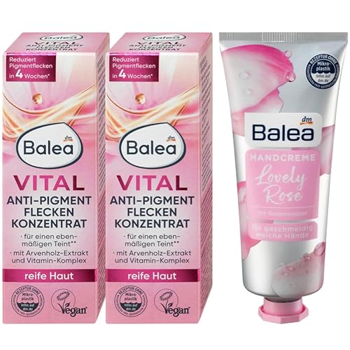 Balea 3er-Set Hautpflege: Konzentrat VITAL ANTI-PIGMENTFLECKEN mit Vitamin-Komplex für reife Haut (2 x 20 ml) + Handcreme LOVELY ROSE Pflege für strahlend schöne Hände mit Rosenwasser (75 ml) 115 ml von Balea