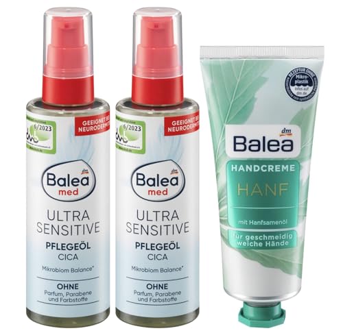 Balea 3er-Set Hautpflege: Pflegeöl CICA MED ULTRA SENSITIVE fördert Regeneration der Haut ohne Parfum, Parabene, Farbstoffe (2 x 100 ml) + Handcreme HANF mit Hanfsamenöl (75 ml), 275 ml von Balea