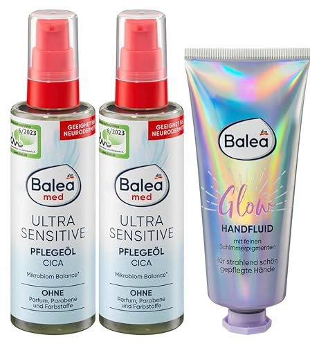 Balea 3er-Set Hautpflege: Pflegeöl CICA MED ULTRA SENSITIVE fördert Regeneration der Haut ohne Parfum, Parabene, Farbstoffe (2 x 100 ml) + Handcreme GLOW mit Aprikosenkernöl, Panthenol (75 ml), 275 ml von Balea