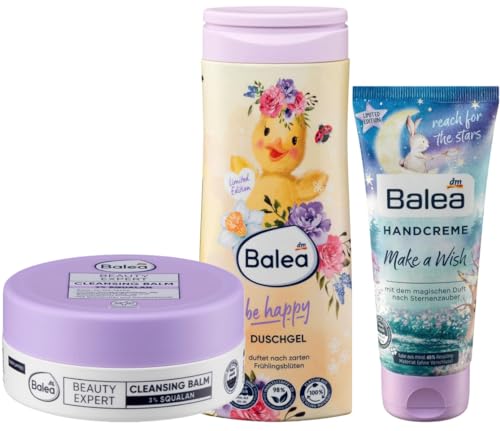 Balea 3er-Set Hautpflege: Reinigungsmousse Beauty Expert CLEANSING BALM (100 ml) + Cremedusche BE SOFT Duschgel mit Duft von Blüten & Himbeeren (300 ml) + Handcreme MAKE A WISH (100 ml), 500 ml von Balea