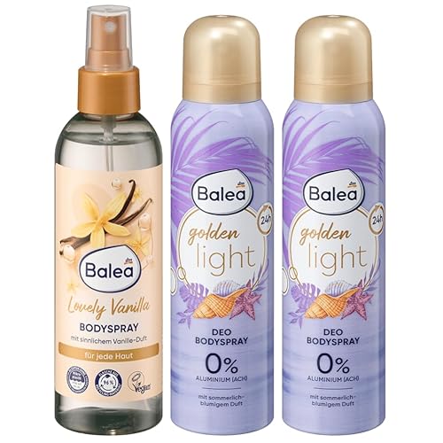 Balea 3er-Set Körperpflege: Bodyspray LOVELY VANILLA sinnlicher Vanille-Duft erfrischt die Haut, 200 ml + Deo-Bodyspray GOLDEN LIGHT frischer sommerlich-blumiger Duft, 0% Aluminum, 2 x 150 ml (500 ml) von Balea