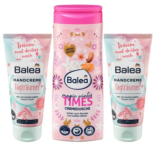 Balea 3er-Set Körperpflege: Duschgel MAGIC WINTER TIMES Cremedusche pH-hautneutral für empfindliche Haut Duft nach Mandeln (300 ml) + 2 x Handcreme MAGIC FOREST für trockene Hände (2 x 100 ml) 500 ml von Balea