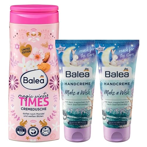 Balea 3er-Set Körperpflege: Duschgel MAGIC WINTER TIMES Cremedusche mit Duft nach Mandeln, pH-hautneutral für empfindliche Haut (300 ml) + Handcreme MAKE A WISH für trockene Hände (2 x 100 ml), 500 ml von Balea