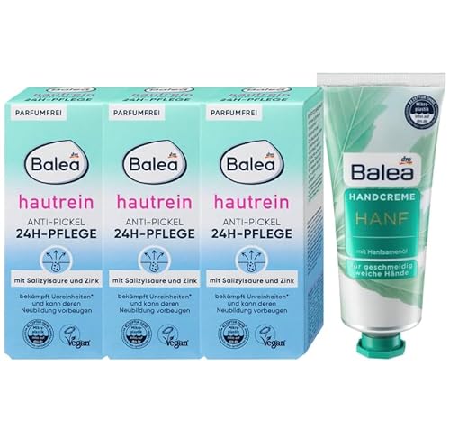 Balea 4er-Set Hautpflege: Anti-Pickel 24h Pflege HAUTREIN Spezialpflege Gesichtscreme bei Pickeln & Mitessern, parfumfrei (3 x 50 ml) + Handcreme HANF für geschmeidig weiche Hände (75 ml), 225 ml von Balea