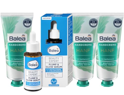 Balea 4er-Set Hautpflege: Beauty Expert Serum PLUMP & GLOW glättet & spendet Feuchtigkeit mit Hyaluronsäure (30 ml) + 3 x Handcreme HANF intensive Pflege mit Hanfsamenöl (3 x 75 ml), 255 ml von Balea