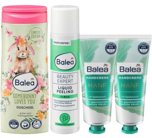 Balea 4er-Set Hautpflege: Duschgel SOMEBUNNY LOVES YOU duftet nach Frühlingsblüten (300ml) + Beauty Expert LIQUID PEELING beugt Hautunreinheiten vor (150 ml) + 2 x Handcreme HANF (2 x 75 ml), 575 ml von Balea