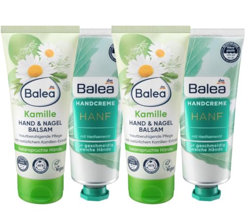 Balea 4er-Set Hautpflege: Hand- und Nagelbalsam KAMILLE mit Panthenol, unterstützt Regeneration der Haut & Elastizität der Nägel (2 x 100 ml) + Handcreme HANF mit Hanfsamenöl (2 x 75 ml), 350 ml von Balea