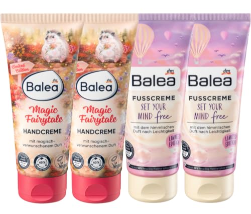 Balea 4er-Set Hautpflege: Handcreme MAGIC FAIRYTALE aromatisch, blumig, fruchtig für trockene, strapazierte Hände (2 x 100 ml) + Fußcreme SET YOUR MIND FREE extra Feuchtigkeit (2 x 100 ml), 400 ml von Balea