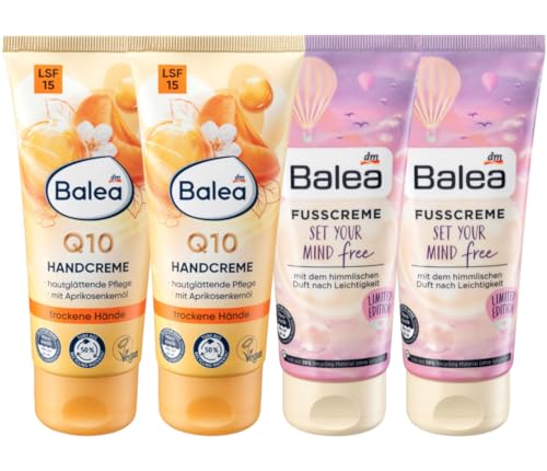 Balea 4er-Set Hautpflege: Handcreme Q10 hautglättende Intensivpflege mit Aprikosenkernöl für trockene Hände LSF 15 (2 x 100 ml) + Fußcreme SET YOUR MIND FREE extra Feuchtigkeit (2 x 100 ml), 400 ml von Balea