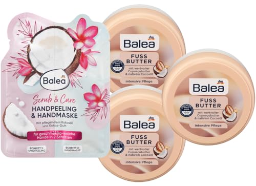 Balea 4er-Set Hautpflege: Handpeeling & -maske SCRUB & CARE Pflege für geschmeidig-weiche Hände (20 ml) + FUSSBUTTER intensive Pflege für trockene Füße mit Cupuaçubutter & Cocosöl (3 x 150 ml), 470 ml von Balea