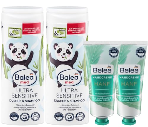 Balea 4er-Set Hautpflege: MED KIDS ULTRA SENSITIVE 2in1 Duschgel & Shampoo ohne Parfum, Parabene, Farbstoffe (2 x 300 ml) + 2 x Handcreme HANF intensive Pflege mit Hanfsamenöl (2 x 75 ml), 750 ml von Balea