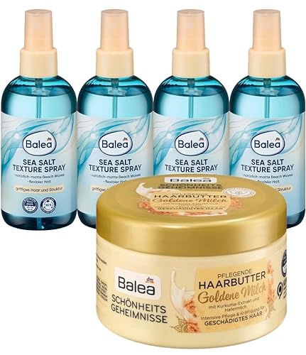 Balea 5er-Set Haarpflege: 4 x Styling Spray SEA SALT TEXTURE flexibler Halt, griffiges Haar, natürlich-matte Beach Waves (4 x 200 ml) + Haarbutter GOLDENE MILCH Pflege & Kräftigung (250 ml), 1050 ml von Balea