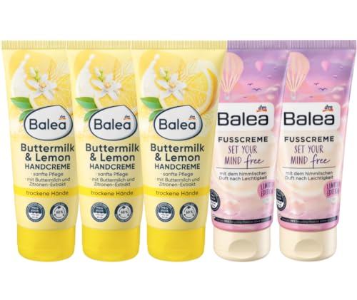 Balea 5er-Set Handcreme: BUTTERMILK & LEMON Buttermilch, Zitronen-Extrakt & Panthenol für trockene Hände (3 x 100 ml) + SET YOUR MIND FREE Fußcreme für geschmeidig-glatte Haut (2 x 100 ml) 500 ml von Balea