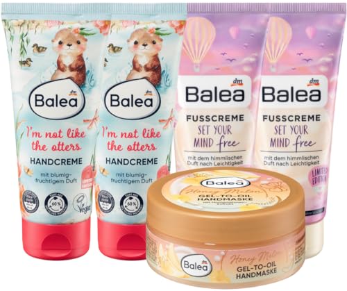 Balea 5er-Set Handpflege: Handcreme I'M NOT LIKE THE OTTERS mit blumig-fruchtigem Duft (2 x 100 ml) + Fußcreme SET YOUR MIND FREE (2 x 100 ml) + Handmaske GEL-TO-OIL mit 80% Öl-Anteil (75 ml), 475 ml von Balea