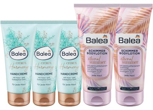 Balea 5er-Set Hautpflege: Handcreme CITRUS HARMONY Yuzu & Eukalyptus Pflege mit würzig-frischem Duft (3 x 100 ml) + schimmernde Bodylotion ETERNAL SUMMER Schimmerlotion Perlmutt (2 x 200 ml), 700 ml von Balea