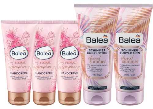 Balea 5er-Set Hautpflege: Handcreme FLORAL SYMPHONY Pfingstrose & Magnolie mit blumig-pudrigem Duft (3 x 100 ml) + schimmernde Bodylotion ETERNAL SUMMER Schimmerlotion Perlmutt (2 x 200 ml), 700 ml von Balea