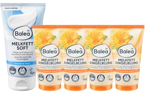 Balea 5er-Set Hautpflege: Melkfett SOFT zur Vorbeugung & Pflege spröder Hautstellen (150 ml) + Melkfett RINGELBLUME für trockene Haut als Kälteschutz & für Massagen geeignet (4 x 75 ml), 450 ml von Volans