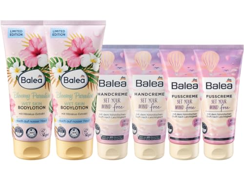 Balea 6er-Set Hautpflege: Wet-Skin BODYLOTION Bloomy Paradise sommerlich-exotischer Duft (2 x 200 ml) + HANDCREME Set your mind free (2 x 100 ml) + FUßCREME für beanspruchte Füße (2 x 100 ml), 600 ml von Balea