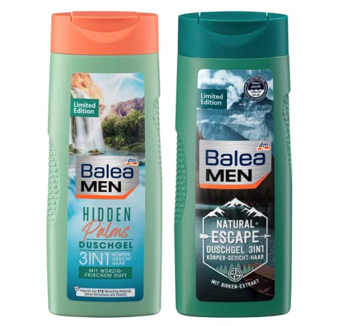 Balea MEN 2er-Set Körperpflege: Duschgel HIDDEN PALMS mit würzig-frischem Duft (300 ml) + Duschgel NATURAL ESCAPE mit Birkenextrakt (300 ml), 600 ml (Limited Edition) für Körper, Gesicht und Haar von Balea