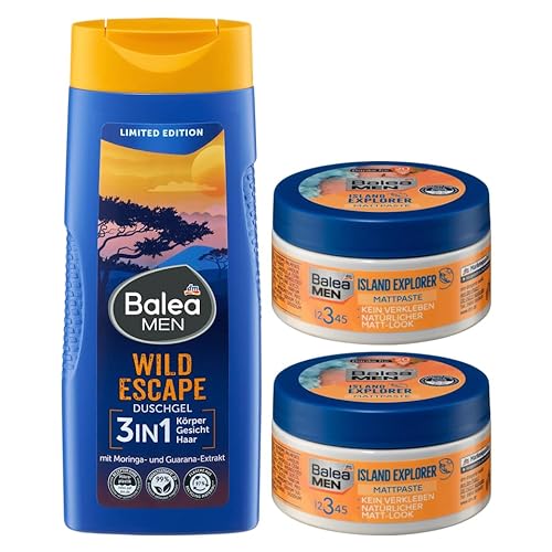Balea MEN 3er-Set Haut- und Haarpflege: Duschgel WILD ESCAPE 3in1 erfrischend für Körper, Gesicht & Haar mit Guarana-Extrakt, 300 ml + Mattpaste ISLAND EXPLORER natürlicher Look, 2 x 100 ml (500 ml) Balea MEN 3er-Set Haut- und Haarpflege: Duschgel WILD ESCAPE 3in1 erfrischend für Körper, Gesicht & Haar mit Guarana-Extrakt, 300 ml + Mattpaste ISLAND EXPLORER natürlicher Look, 2 x 100 ml (500 ml) von Balea