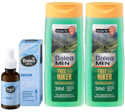 Balea MEN 3er-Set Körperpflege: SERUM SENSITIVE Regeneration, Geschmeidigkeit & Feuchtigkeit für empfindliche Haut, 30 ml + Duschgel FREE HIKER 3in1 für Gesicht, Körper & Haar, 2 x 300 ml (630 ml) von Balea
