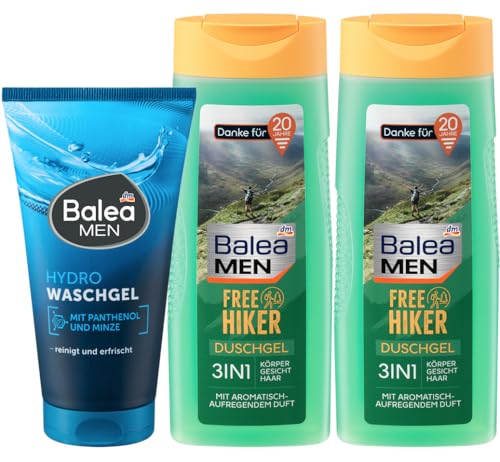 Balea MEN 3er-Set Körperpflege: Waschgel HYDRO erfrischt mit Panthenol & Minze für jeden Hauttyp, 150 ml + Duschgel FREE HIKER 3in1 für Gesicht, Körper, Haar mit aromatischem Duft, 2 x 300 ml (750 ml) von Balea
