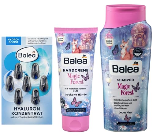 Balea Pflegeset: Hyaluron KONZENTRAT mit Hyaluronsäure für intensive Feuchtigkeit (7 St) + HANDCREME Magic Forest märchenhafter Duft (100 ml) + SHAMPOO Magic Forest geschmeidiges Haar (300 ml), 400 ml von Balea