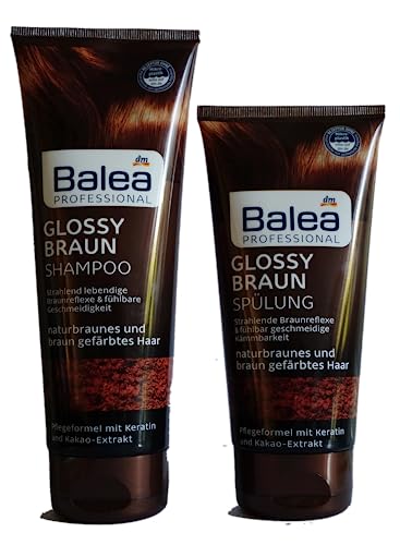 Balea Professional Glossy Braun Haarpflege Set für naturbraunes und braun gefärbtes Haar, 2er-Set: 1x Shampoo (250ml) + 1x Spülung (200ml), 450ml – Herren/Damen Haarshampoos & Haarwäsche Haarpflege. von Balea