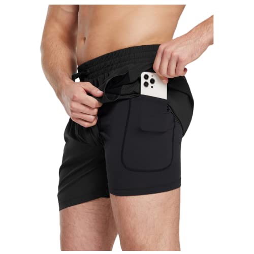 BALEAF Badeshorts für Herren mit schnell trocknendem Kompressionsfutter, Badehose, Strandhose, Reißverschlusstaschen, Luftloch-Design, UPF 50+, Schwarz , XL von Baleaf