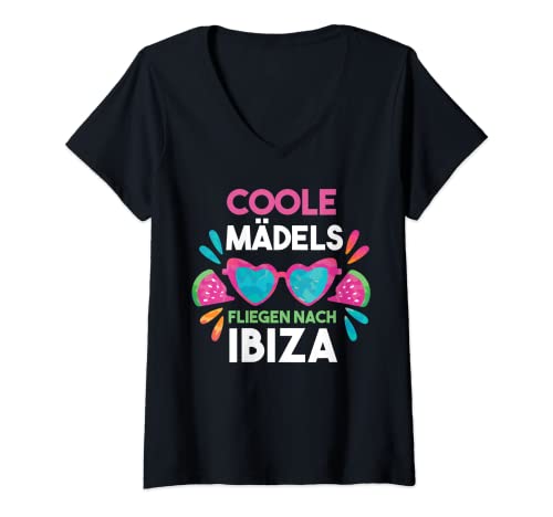 Damen Coole Mädels fliegen nach Ibiza T-Shirt mit V-Ausschnitt von Balearen Party Urlaub Spanien Geschenk