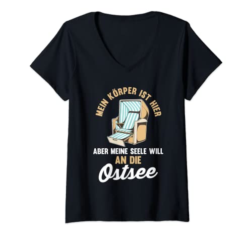 Damen Meine Seele will an die Ostsee T-Shirt mit V-Ausschnitt von Balearen Spanien Ostsee Geschenk