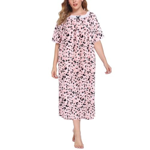 Nachthemden für Frauen Plus Size Kurzarm Nachthemden Damen Oversized House Dress Print Bequeme Nachtwäsche XL-5XL (C-Leopard Print, 2XL) von Balems