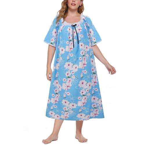 Nachthemden für Frauen Plus Size Kurzarm Nachthemden Damen Oversized House Dress Print Bequeme Nachtwäsche XL-5XL (D-Blue, 2XL) von Balems