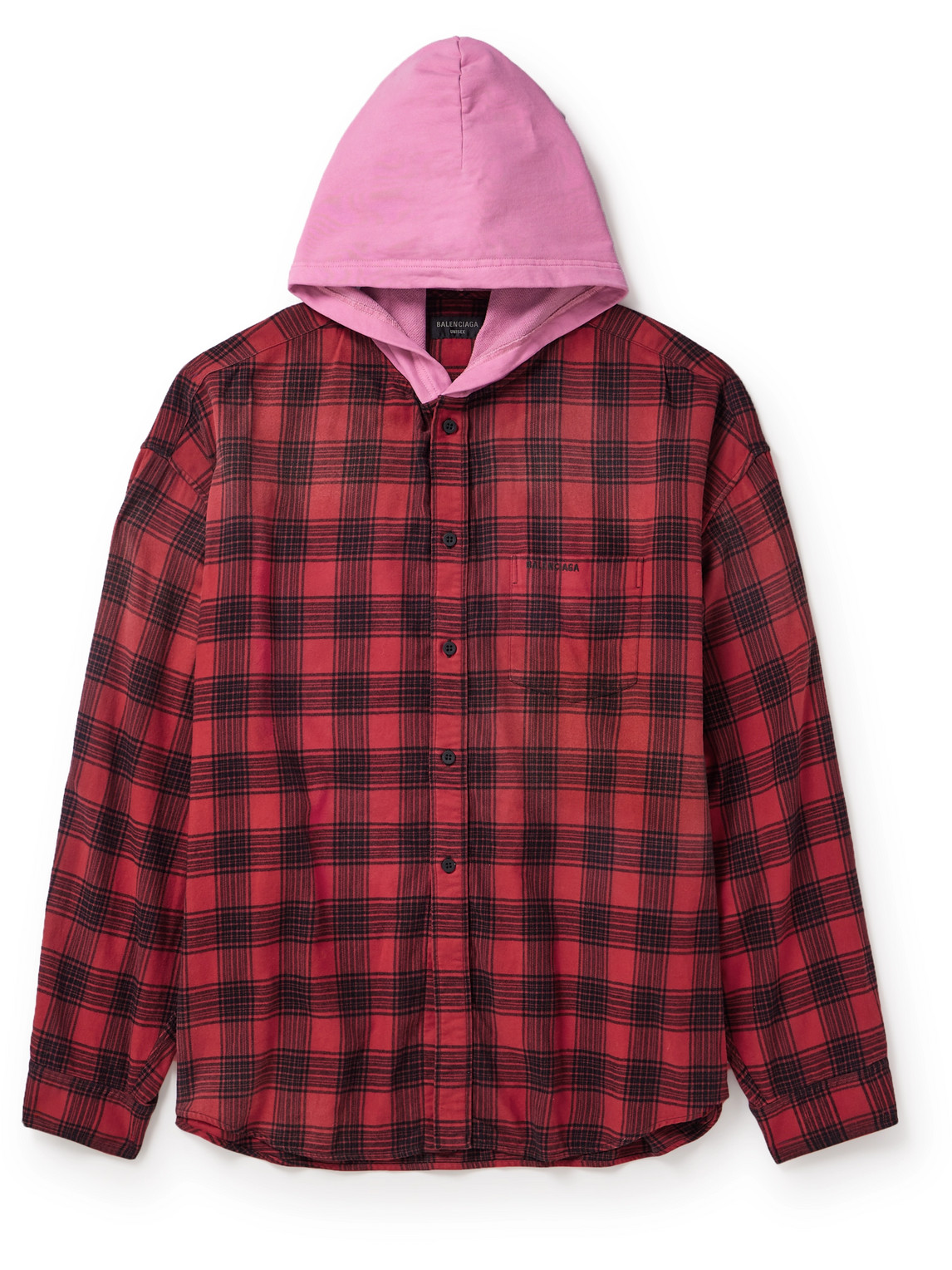 Balenciaga - Checked Jersey-Trimmed Cotton-Flannel Hooded Shirt - Men - Red - 1 von Balenciaga
