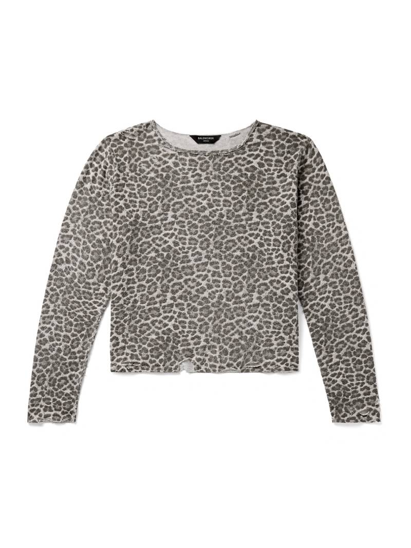 Balenciaga - Cropped Distressed Leopard-Print Brushed-Cotton Sweater - Men - Gray - M von Balenciaga