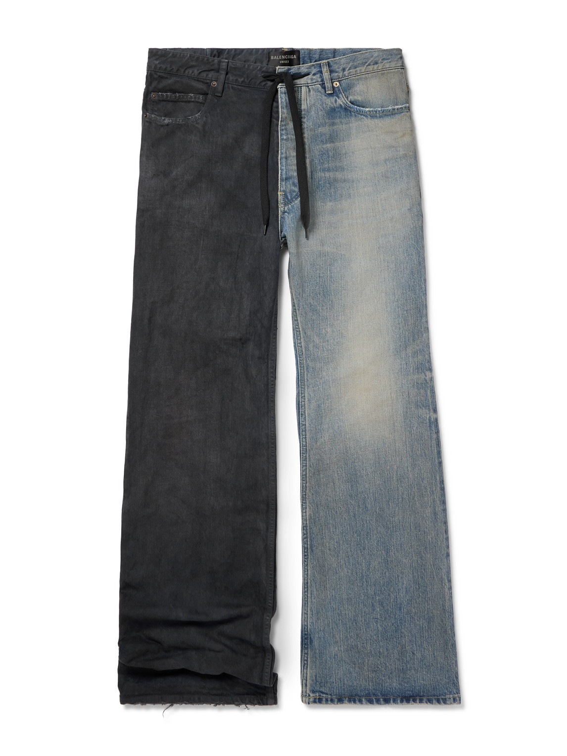 Balenciaga - Fifty-Fifty Wide-Leg Two-Tone Distressed Drawstring Jeans - Men - Blue - M von Balenciaga