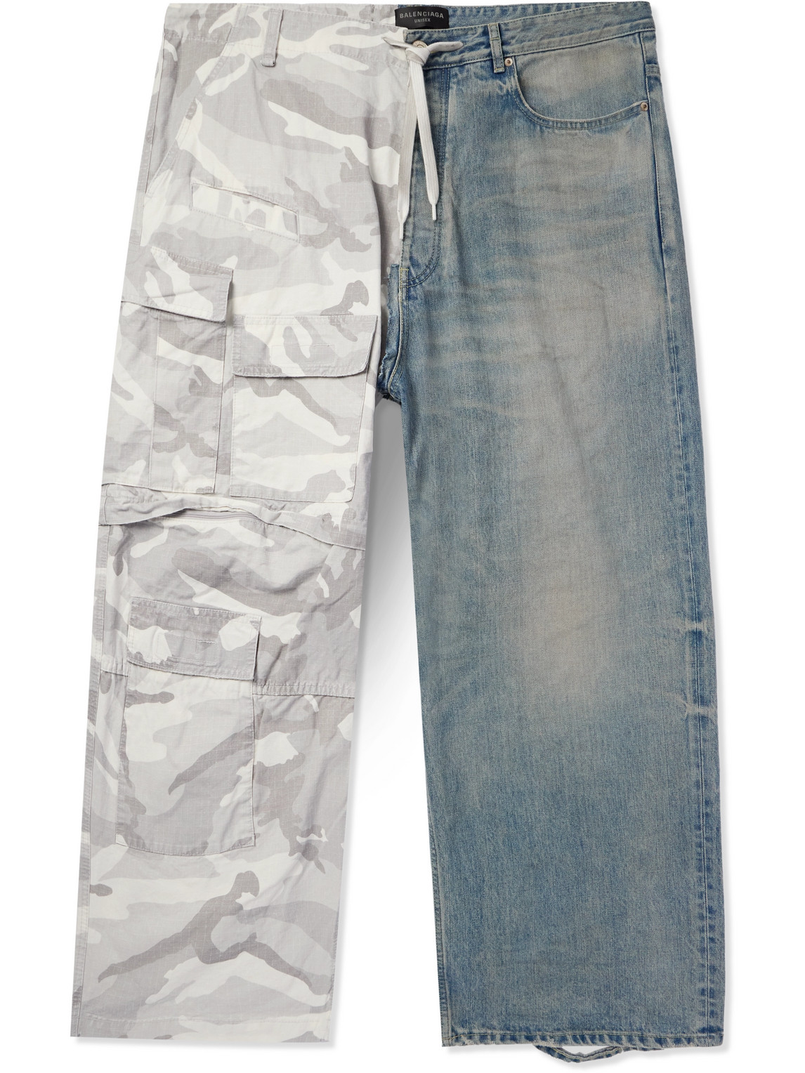 Balenciaga - Hybrid Wide-Leg Ripstop and Distressed Denim Drawstring Trousers - Men - Blue - M von Balenciaga