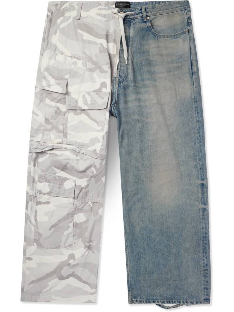 Balenciaga - Hybrid Wide-Leg Ripstop and Distressed Denim Drawstring Trousers - Men - Blue - M von Balenciaga
