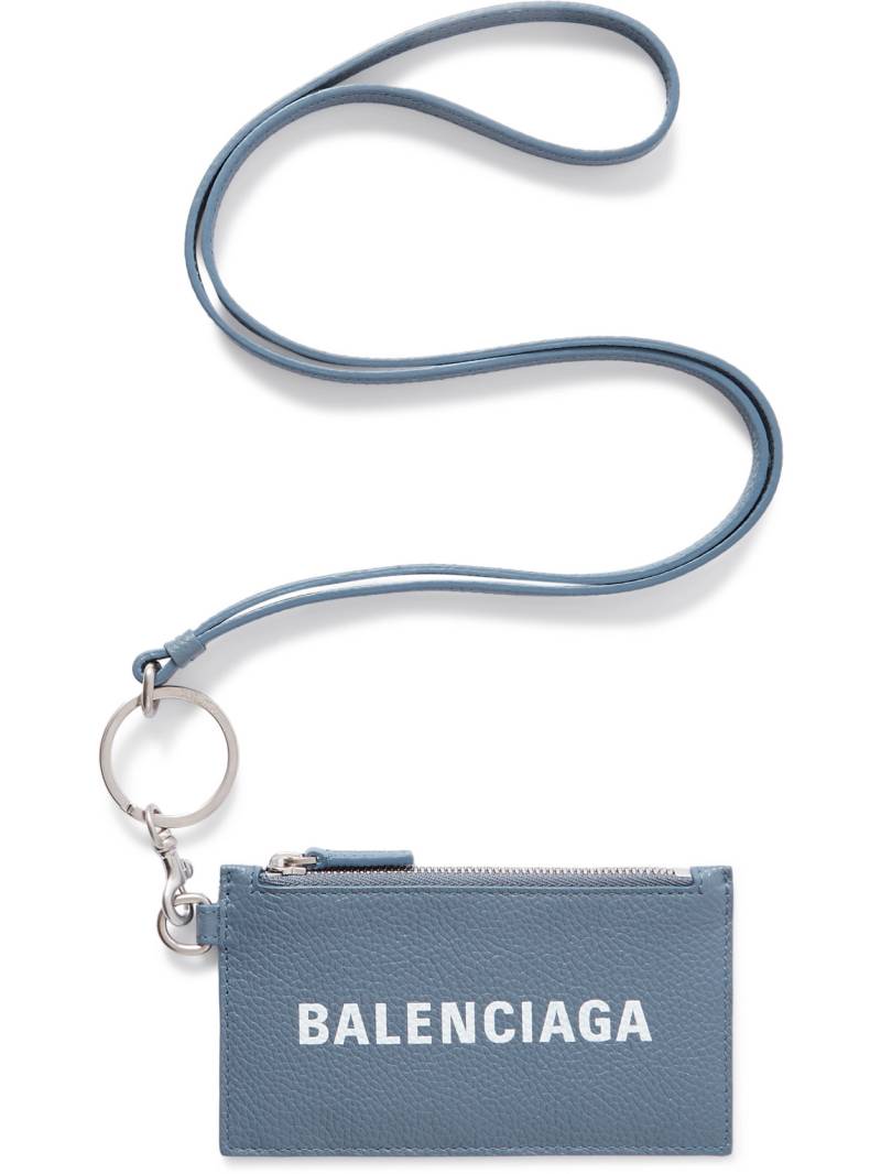 Balenciaga - Logo-Print Full-Grain Leather Cardholder with Lanyard - Men - Blue von Balenciaga