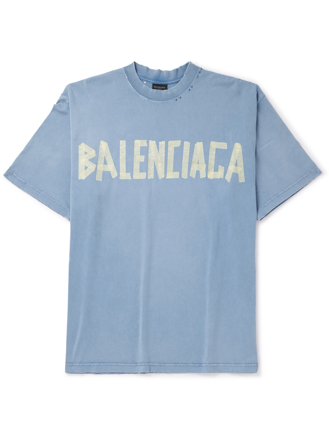 Balenciaga - Oversized Distressed Logo-Print Cotton-Jersey T-Shirt - Men - Blue - S von Balenciaga