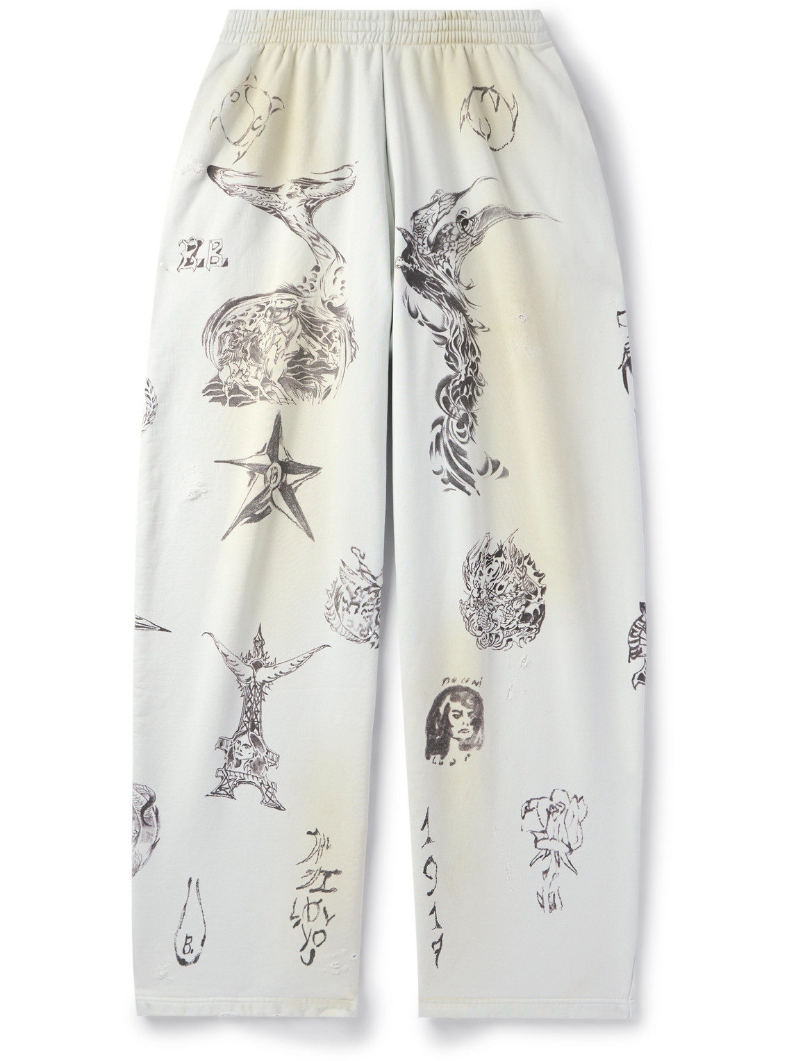 Balenciaga - Wide-Leg Printed Distressed Cotton-Jersey Sweatpants - Men - White - XS von Balenciaga
