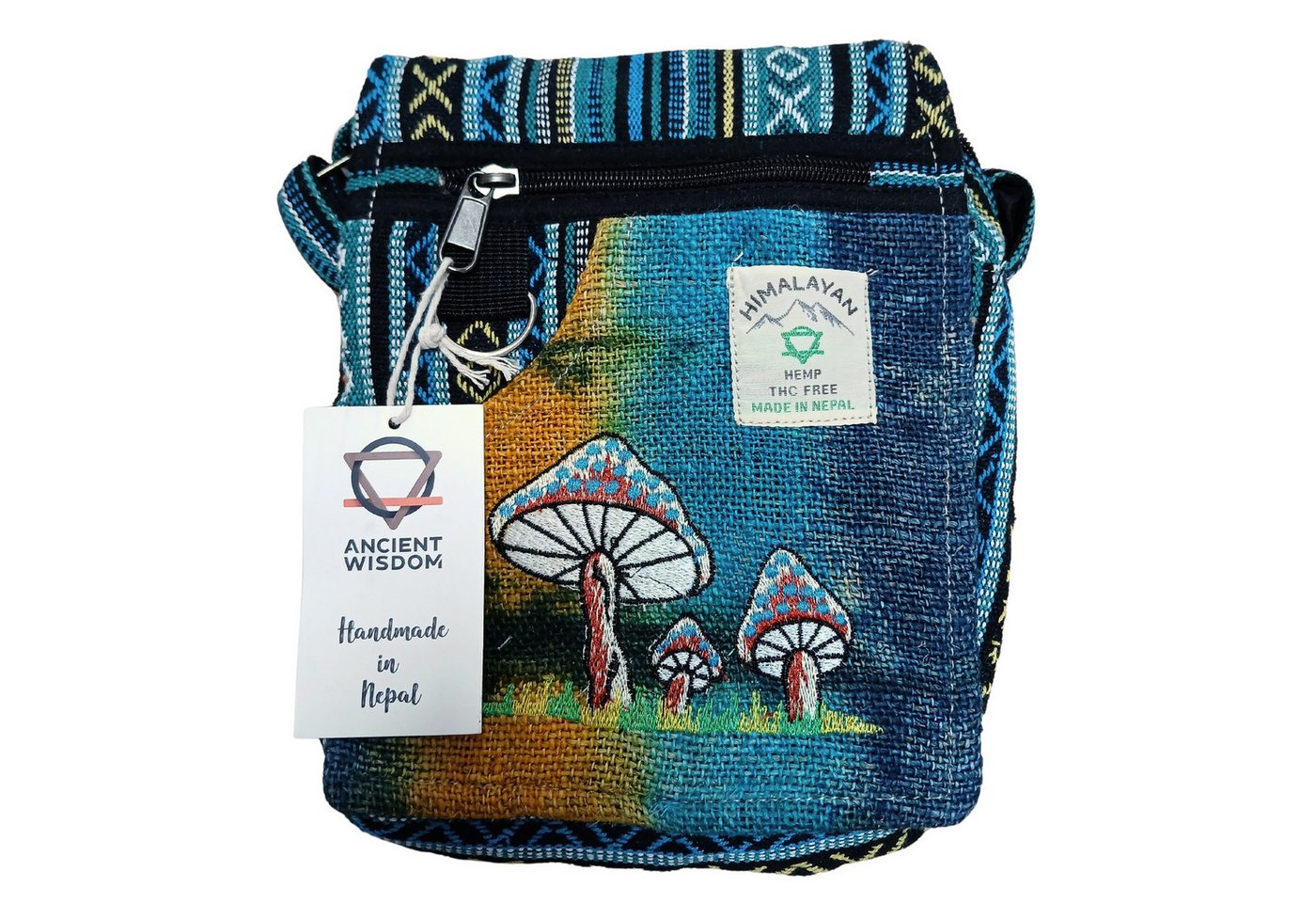 Bali-Homedecor Tragetasche Partytasche mit Pilz-Stickerei aus Hanf – Grüne Pilze von Bali-Homedecor