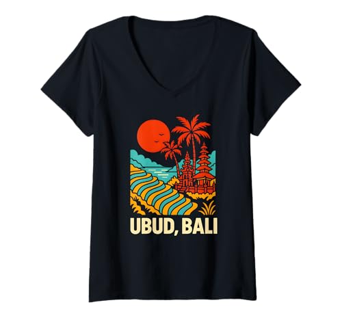 Damen Bali Indonesien Ubud Vintage Damen Coastal Living T-Shirt mit V-Ausschnitt Damen Bali Indonesien Ubud Vintage Damen Coastal Living T-Shirt mit V-Ausschnitt von Bali Palm Trees Sunshine Surfs Up Skateboarding