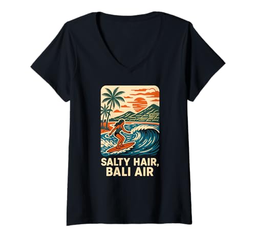 Damen Bali Salty Hair Bali Air Vintage Damen Strandleben T-Shirt mit V-Ausschnitt Damen Bali Salty Hair Bali Air Vintage Damen Strandleben T-Shirt mit V-Ausschnitt von Bali Palm Trees Sunshine Surfs Up Skateboarding